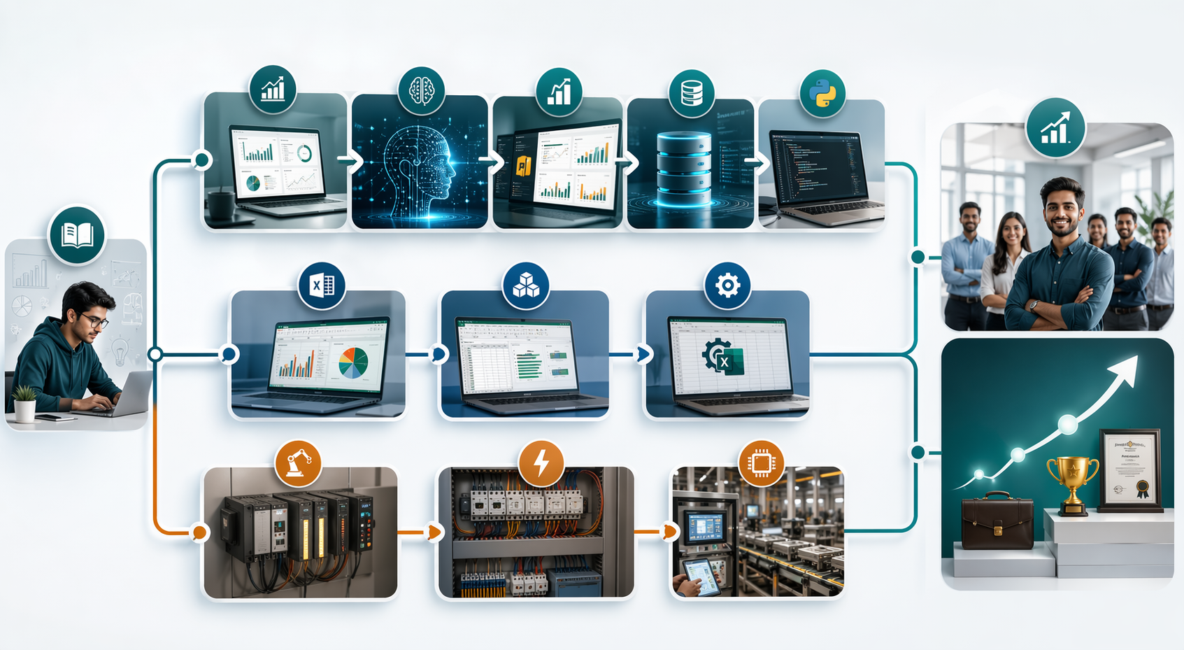 Infographic showing learning pathways from beginner skills to analytics, programming and automation careers