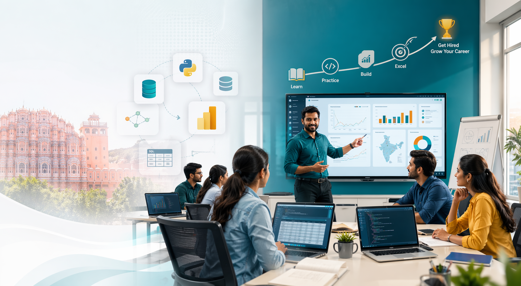 Illustration showing students learning data analytics and career growth at Seldom India