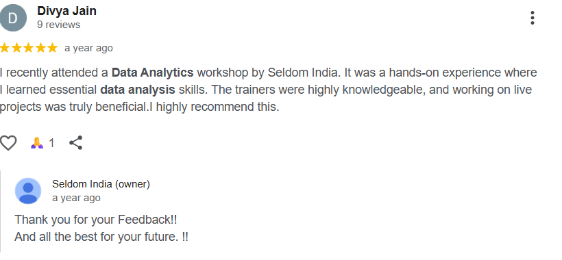 Google review by Divya Jain for Data Analytics workshop