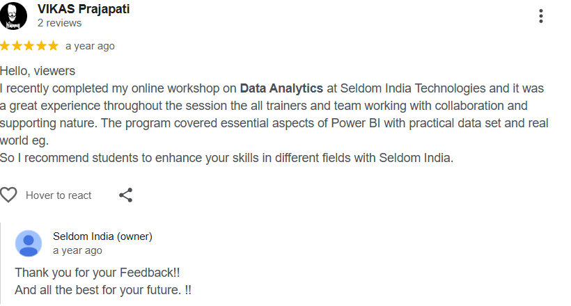 Google review by VIKAS Prajapati for Data Analytics